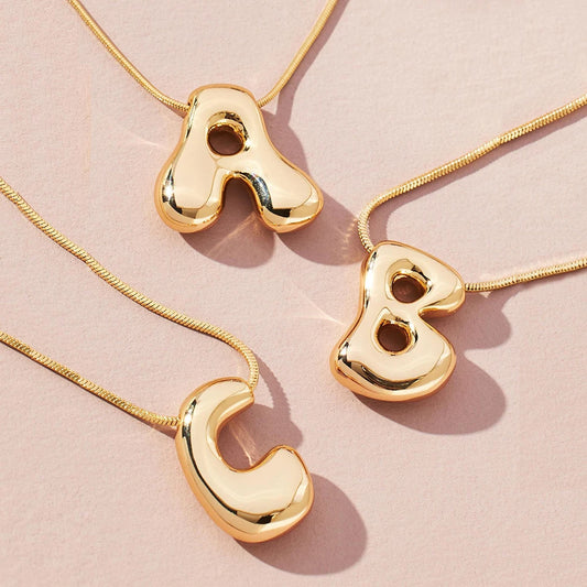 Golden Color Stainless Steel Initial Necklace for Women Girls Chunky Bubble Letter Pendant Necklaces Trendy Collar Jewelry Gift