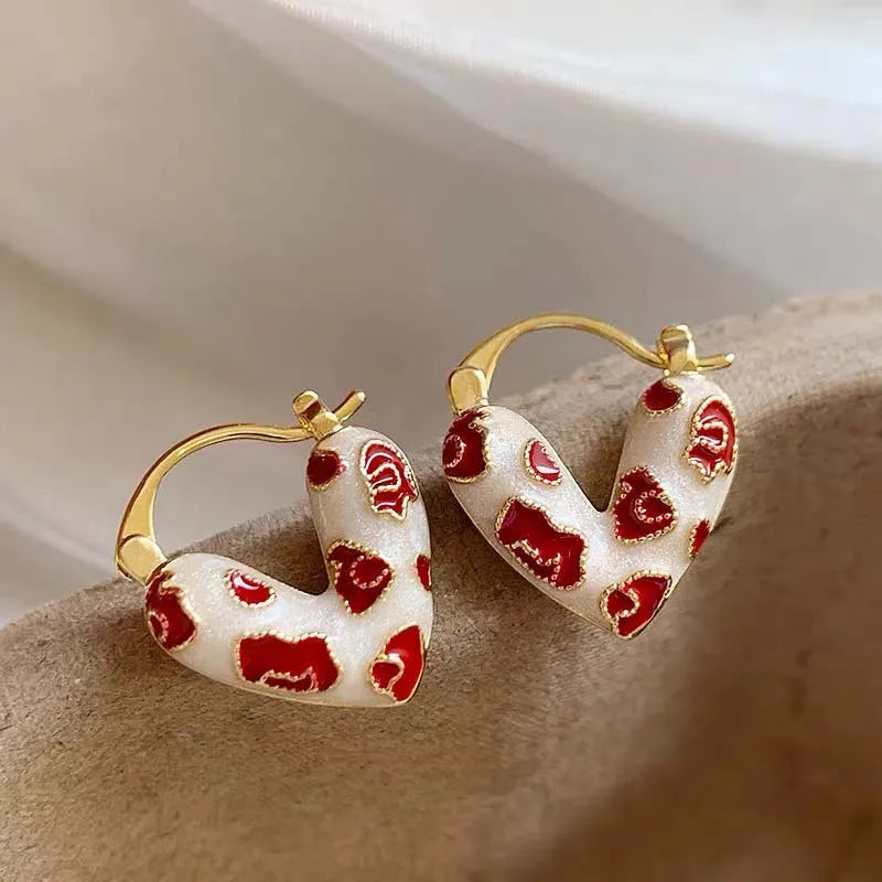 2025 Trendy Red Dripping Oil Heart Hoop Earrings For Women Girls Korean Elegant Love Dangle Earring Jewelry Gift